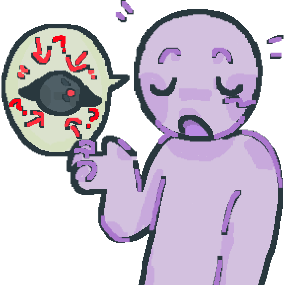 A ms paint style drawing of a pale purple person with closed eyes and a open mouth. there is a dusty yellow speech bubble coming from their mouth. In the speech bubble is a drawing of a dark grey person's face with downturned black wolf ears, a wide red eye and a distressed expresion. Around the wolf person are four red arrows pointing at them and three red question marks.